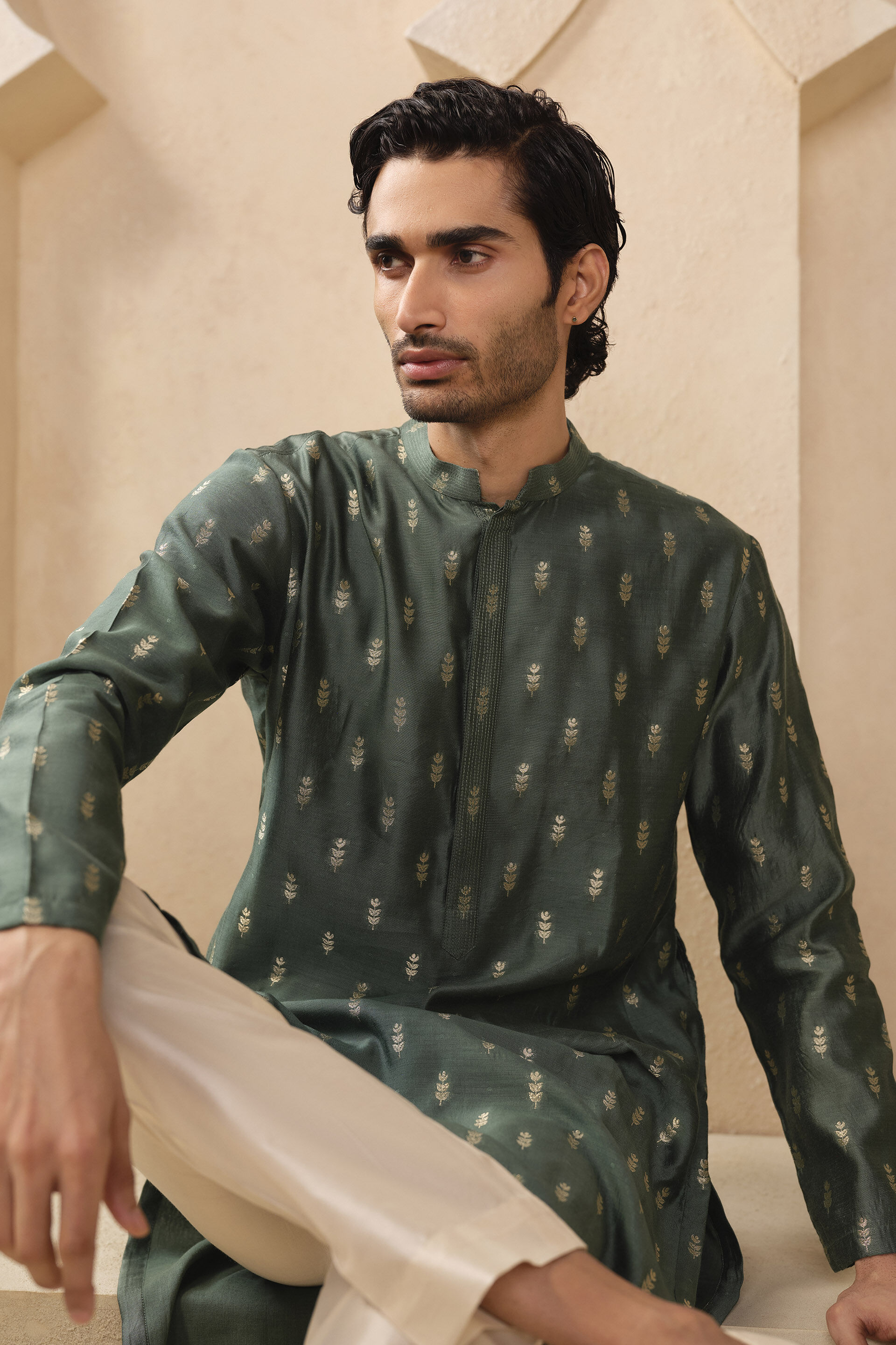 Aryam Woven Benarasi Kurta - Emrald Green, Emerald Green, image 4